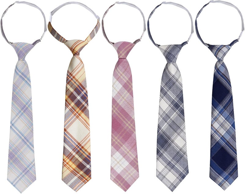 Sucrain 5pcs Boy's Necktie Pre-tied Adjustable Neck Strap Tie Plaid Zipper Tie for Wedding Graduation School Cosplay Uniforms - Image 1